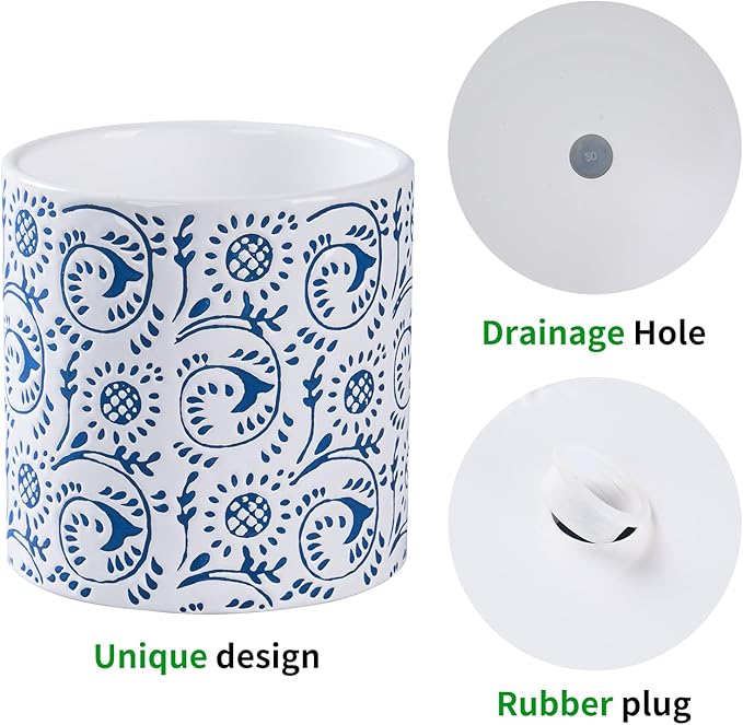 Ceramic Plant Pot for Indoor Plants, 6 Inch Boho Flower Pot with Drainage Holes, Modern Planter for Home & Office Decor(Blue)
