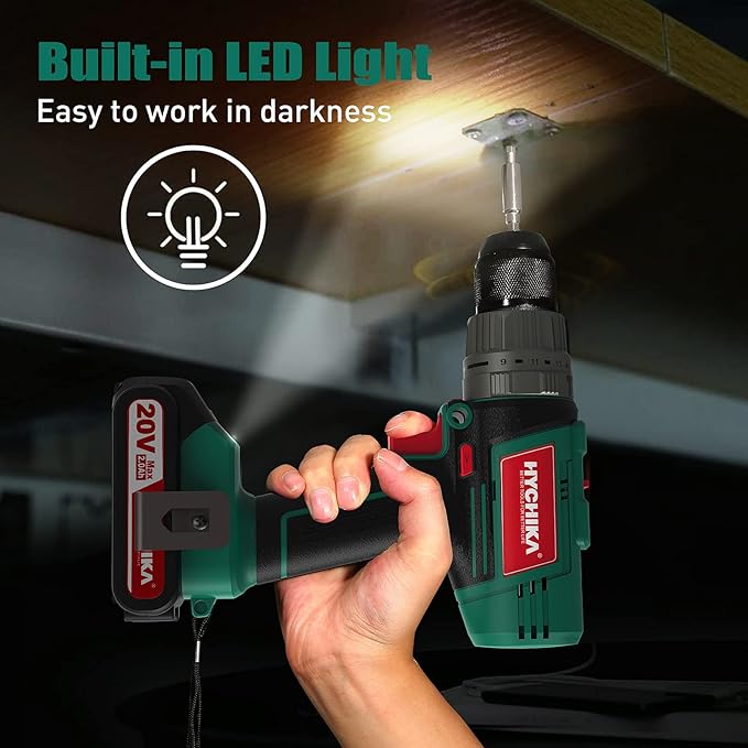 HYCHIKA Cordless Hammer Drill Driver 20V, 400 In-lbs Torque Impact Power Drill with Side Handle,1/2”Metal Chuck 21+3 Clutch, 2.0Ah Battery, LED Light for Drilling Wood Metal Wall