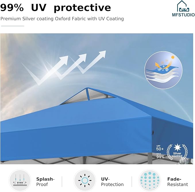 MFSTUDIO Pop Up Canopy Tent, 10x10 Canopies Outdoor One Person Push Set Up Tent Instant Portable Shelter Tents with Vented Top, Storage, 4 Sandbags, Beach Canopy,Blue