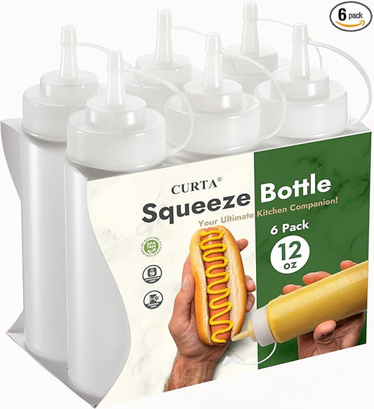 CURTA 6-Pack 12 oz Clear Squeeze Bottle with Cap, BPA-Free Easy-to-Squeeze Plastic Condiment Dispenser with oz & ml Markings for Sauce, Oil, Dressing, Dishwasher Safe, White