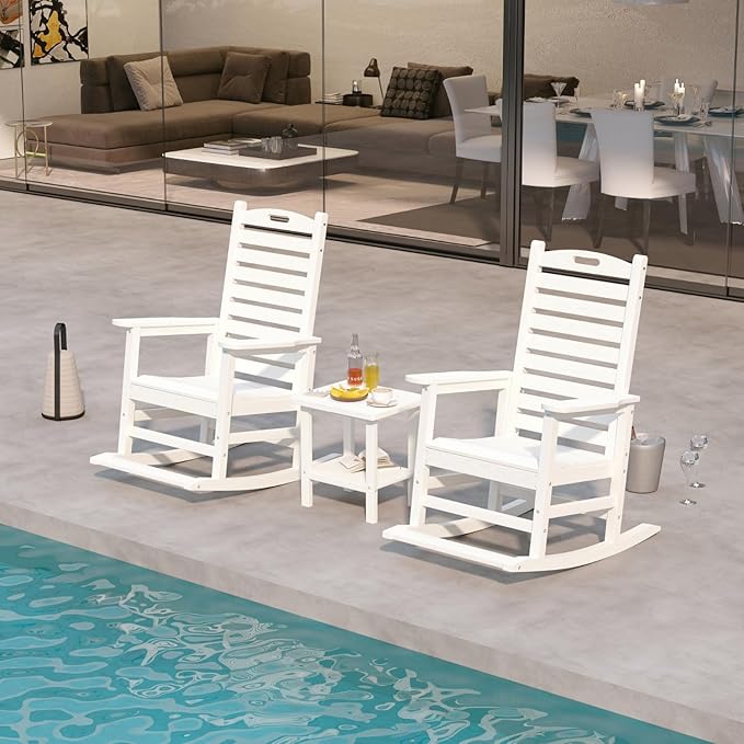 White Outdoor Rocking Chairs Set of 2 with Footrest, Side Table & Beige 9FT Patio Umbrella, HDPE Rocking Lawn Chair for Garden, Poolside, Deck, Weatherproof Porch Rocker