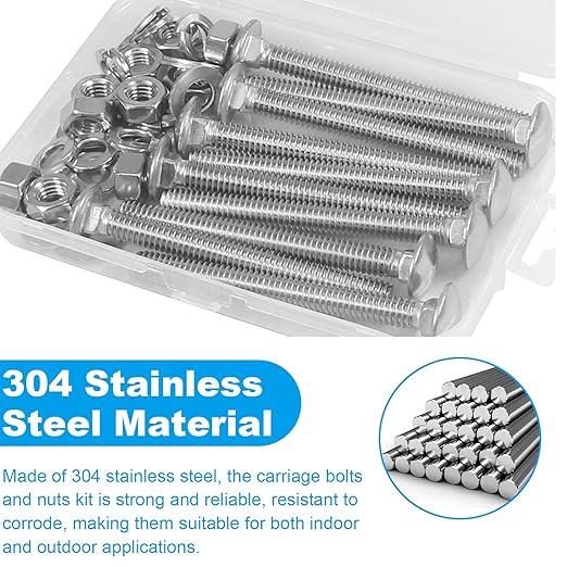 Yinpecly 10 Sets 5/16-18 x 3" Carriage Bolts Screws, 304 Stainless Steel Round Head Square Neck Carriage Bolts and Nuts Kit, with Flat & Lock Washers, Full Thread Coverage
