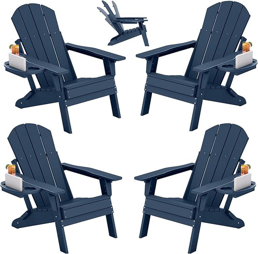 FOOWIN Folding Adjustable Adirondack Chair Set of 4,HDPE Adirondack Chair w/4 in 1 Cup Holder Trays,All-Weather Resistant Fire Pit Chair, Outdoor Chair for Patio Lawn Poolside,400lbs,Navy Blue