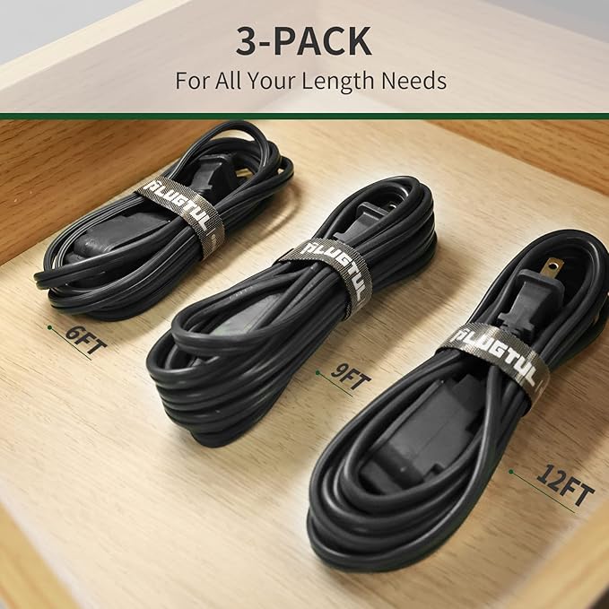 PLUGTUL 3-Pack Indoor Extension Cord (6/9/12FT), 2 Prong Black Extension Cord, 3 Polarized Outlets with Safety Cap Protect for Home Office, 16/2 SPT-2 ETL Listed
