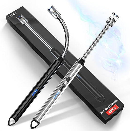 KTEBO® 2 Pack Plasma Arc Electric Lighters Rechargeable - USB Long Reach for Scented Candles, BBQ Grill &Camping - Windproof Design Lighters-Black and Silvery - Stocking Stuffers