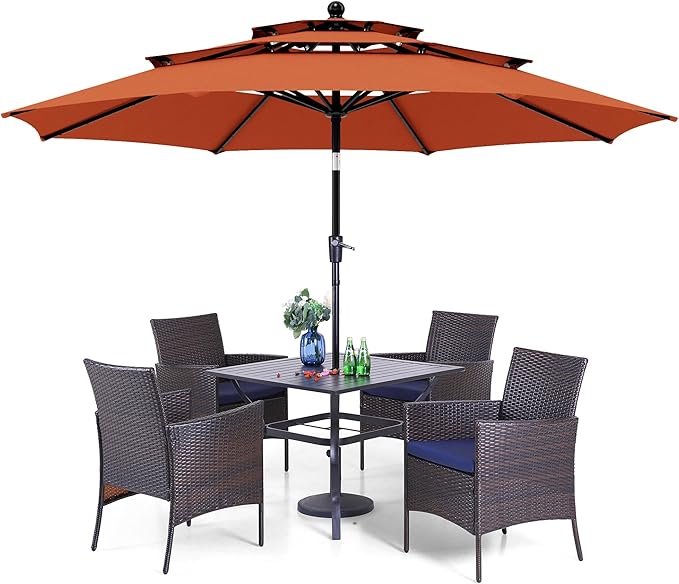 PHI VILLA 5 Piece Patio Dining Set with 10ft Umbrella, 37" Square Metal Dining Table & 4 Cushioned Rattan Chairs with Red Umbrella for Outdoor, Deck, Yard, Porch