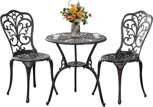 Outdoor Bistro Set 3 Piece Patio Bistro Set with Umbrella Hole, Weather Resistant Bistro Table and Chairs Set of 2 for Porch Garden, Bronze