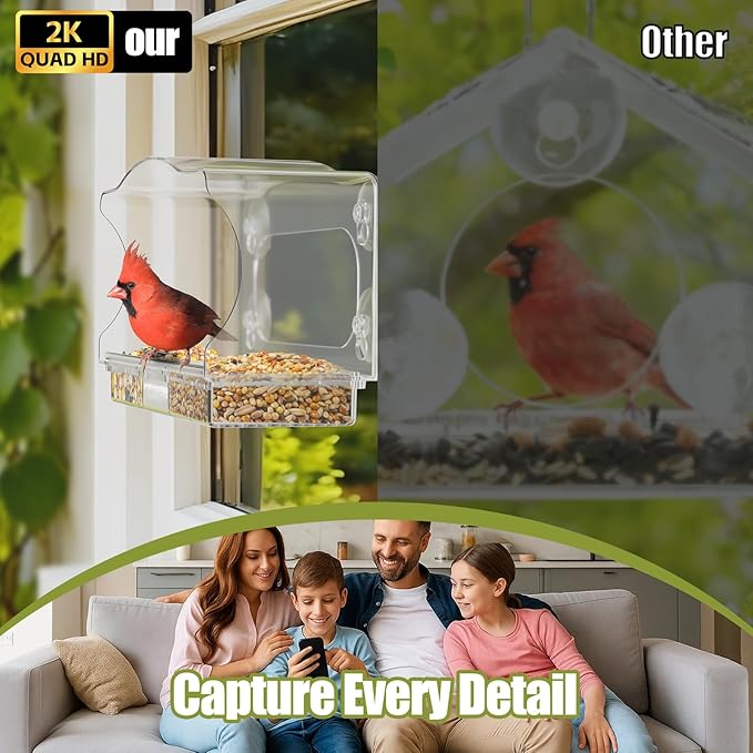 Freesason Waterproof Smart Bird Feeder Camera with AI Bird Recognition, 2K HD All-Weather Window Mount for Outdoor Viewing - The Ultimate Gift for Birds Watchers