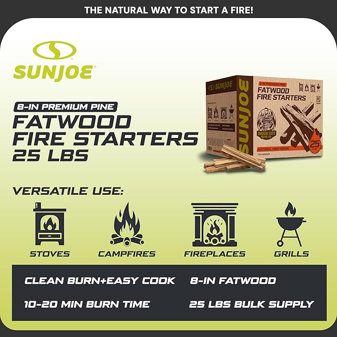 Sun Joe 25-Pound Fatwood Fire Starter Sticks, All-Natural Pine Kindling for Fireplace, Wood Stove, Pit and Grill, Made for Indoor or Outdoor Use