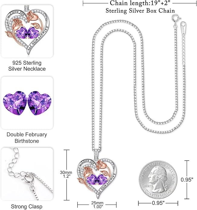 Iefil Christmas Gifts for Women Wife - 925 Sterling Silver Rose Heart Birthstone Necklace Birthday Anniversary Jewelry Gifts for Her Wife Mom Daughter