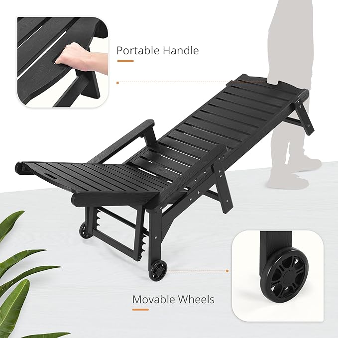 LUE BONA Chaise Lounge Chairs Set with Table, 6-Piece, 79'' Oversized HDPS Chaise Lounger, 5 Positions Adjustable Lounge Chairs, Pool Lounge Chair with Wheels for Poolside, 3 Year Warranty, Black