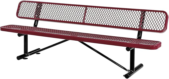 Global Industrial 8'L Heavy Duty Expanded Metal Mesh Bench with Backrest with Steel Frame, Portable Outdoor Bench, 1000 lbs Capacity, Red, 96" L x 24" W x 33" H