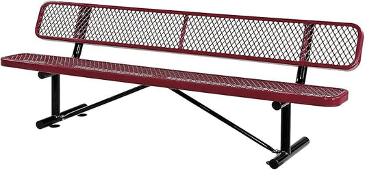 Global Industrial 8'L Heavy Duty Expanded Metal Mesh Bench with Backrest with Steel Frame, Portable Outdoor Bench, 1000 lbs Capacity, Red, 96" L x 24" W x 33" H