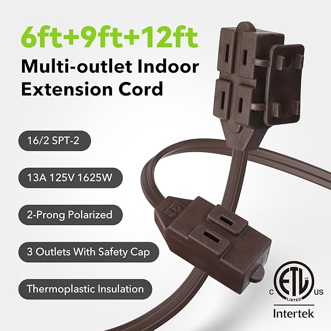 BN-LINK Indoor Extension Cord 6/9/12FT, 2 Prong Extension Cord Brown, 3-Outlet Polarized Flat Cable, 13A/1625W, Perfect for Homes, Offices, and Kitchens, Variety 3-Pack
