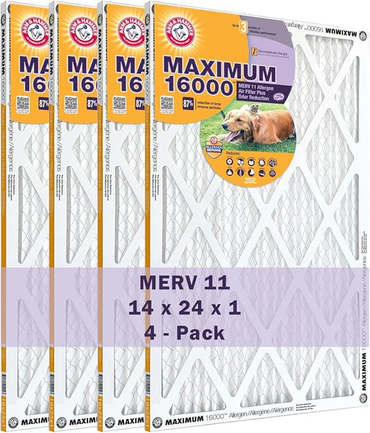 Arm & Hammer Max Allergen & Odor Reduction 14x24x1 Air and Furnace Filter, MERV 11, 4-Pack