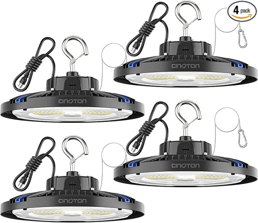 CINOTON 210W Switchable UFO LED High Bay Light, Aluminum LED Shop Lights with 31500LM, 5000K Commercial Bay Lighting for Warehouse Garage Workshop, 6' Cable & Safety Rope, ETL Listed 4 Pack