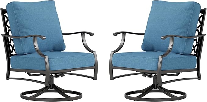 Metal Outdoor Swivel Patio Chairs Set of 2 with 5.75" Extra Thick Cushion, 2 Piece High Back Swivel Patio Chairs Outdoor Furniture Seating for Deck Balcony Front Porch, Denim Blue