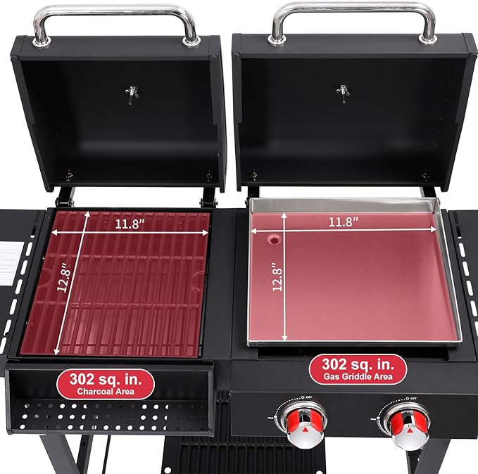 Charcoal and 2-Burner Propane Gas Combo Grill with Stainless Steel Griddle & Porcelain-enameled Cast Iron Grates, Dual Fuel BBQ Combo Grill for Outdoor Cooking
