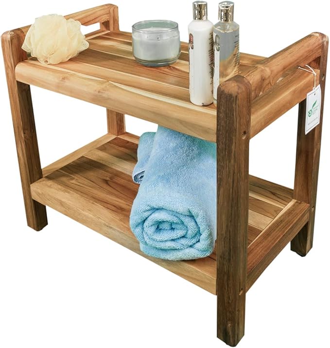 EcoDecors Eleganto 24 Inch Natural Color Waterproof Teak Wood Shower Bench Stool Seat Chair For Inside Shower Provides Safety, Storage, and Organization For Bathroom Accessories