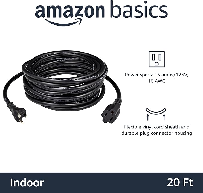 Amazon Basics Extension Cord, 13 Amps, 125V, 20 Foot, Black - Pack of 2