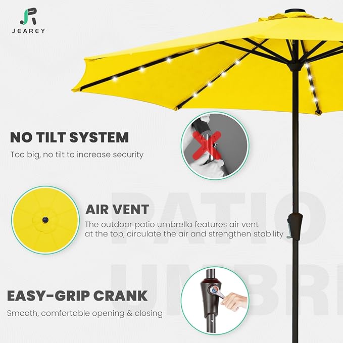 JEAREY 11' Lighted Patio Umbrellas Outdoor Solar Table Market Umbrella w/Crank, 8 Sturdy Ribs, UV Protection Waterproof Sunproof(Yellow)
