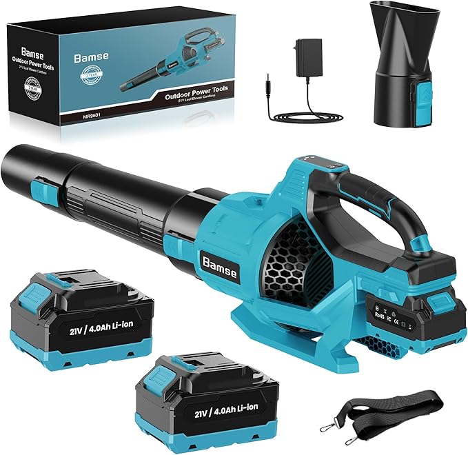 Leaf Blower Cordless 21V, Battery Leaf Blower with 2 x 4.0Ah Batteries and Charger, 3 Speed Modes, Handheld Cordless Blower for Lawn Care, Blowing Leaves, Small Gravel, Blue