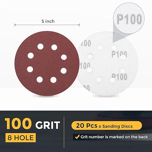 HARFINGTON 20 Pcs 5 Inch Sanding Discs, 100 Grit Hook and Loop Sandpaper, 8-Hole Aluminum Oxide Orbital Sander Sandpaper for Woodworking Automotive Metal Polishing, Red