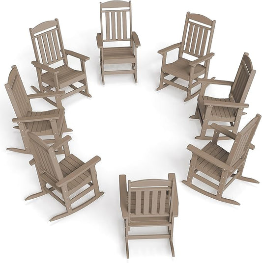 FOOWIN Outdoor Rocking Chair Set of 8, High Back Patio Rocking Chair, HDPE All Weather Resistant Porch Rocker for Adult, Oversized Rocking Chairs for Garden, Lawn, Indoor & Outdoor Use, Brown