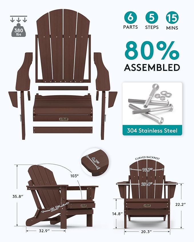 SERWALL Folding Adirondack Chair for Outdoor, All-Weather Patio Chairs with Wood Texture, Fire Pit Chairs for Deck Porch Garden (Folding Coffee)