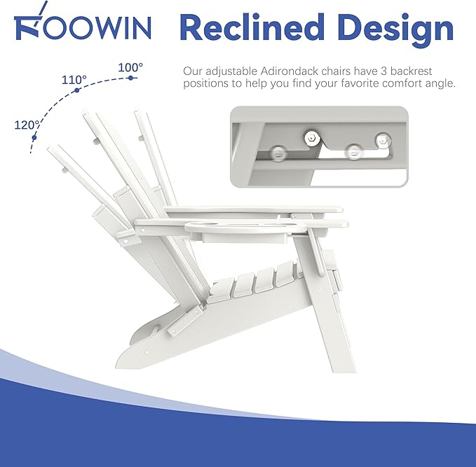FOOWIN Folding Adjustable Adirondack Chair Set of 4,HDPE Adirondack Chair w/4 in 1 Cup Holder Trays,All-Weather Resistant Fire Pit Chair, Outdoor Chair for Patio Lawn Poolside,400lbs,White