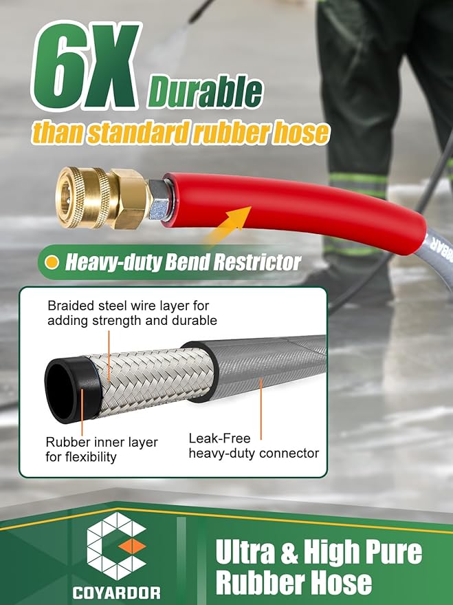 3/8″ Pressure Washer Hose 125 FT — 4500 PSI Steel-Braided Non-Marking Rubber | For Hot & Cold Water, Quick-Connect With M22 Fittings, Industrial-Grade Replacement for Gas Pressure Washers