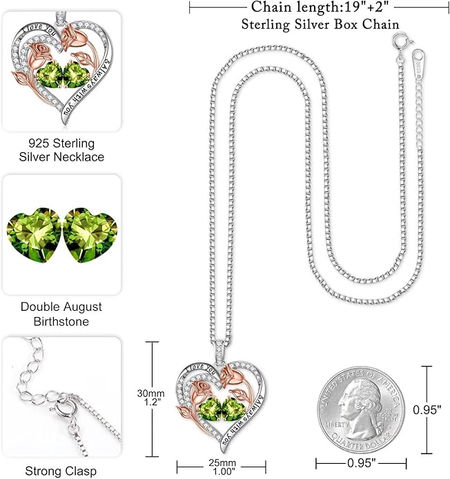 Iefil Christmas Gifts for Women Wife - 925 Sterling Silver Rose Heart Birthstone Necklace Birthday Anniversary Jewelry Gifts for Her Wife Mom Daughter