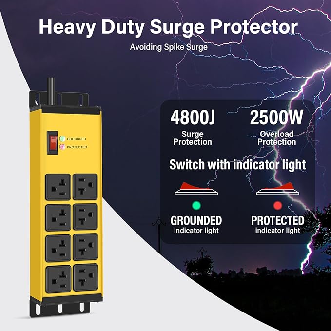 CCCEI Yellow Heavy Duty Power Strip Surge Protector 20 AMP, 8 Outlets 12 Gauge Industrial Shop Garage Metal Multiple Outlets, 10FT Extension Cord 5-15P Adapter High Amp 6-20R T-Slot 20a for Appliance
