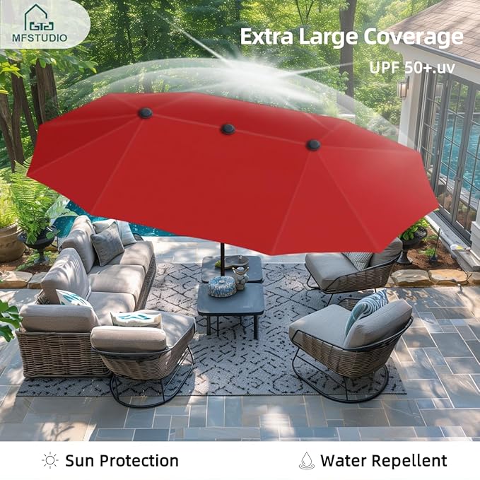PHI VILLA 13 ft Outdoor Patio Umbrella, Large Rectangular Double-sided Market Table Twin Umbrellas with Crank Handle for Deck Pool, Orange Red