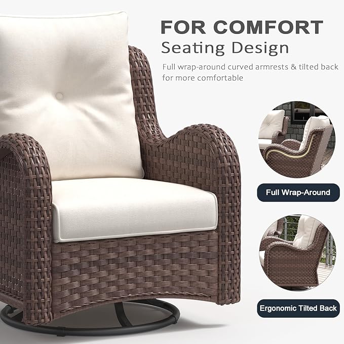 LayinSun 10 Pieces Outdoor Patio Furniture Set with Fire Pit Table, Rattan Wicker Sectional Swivel Rocker Chairs Sets with Ottomans, Swivel Glider Chair, Single Chairs and Coffee Table