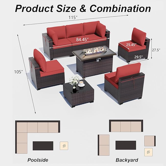 ALAULM Patio Furniture Set with Fire Pit Table 55000 BTU, Outdoor Sectional with Wide Seat and Thick Cushion, 8 Piece Wicker Rattan Conversation Set with Coffee Table for Garden, Deck, Red