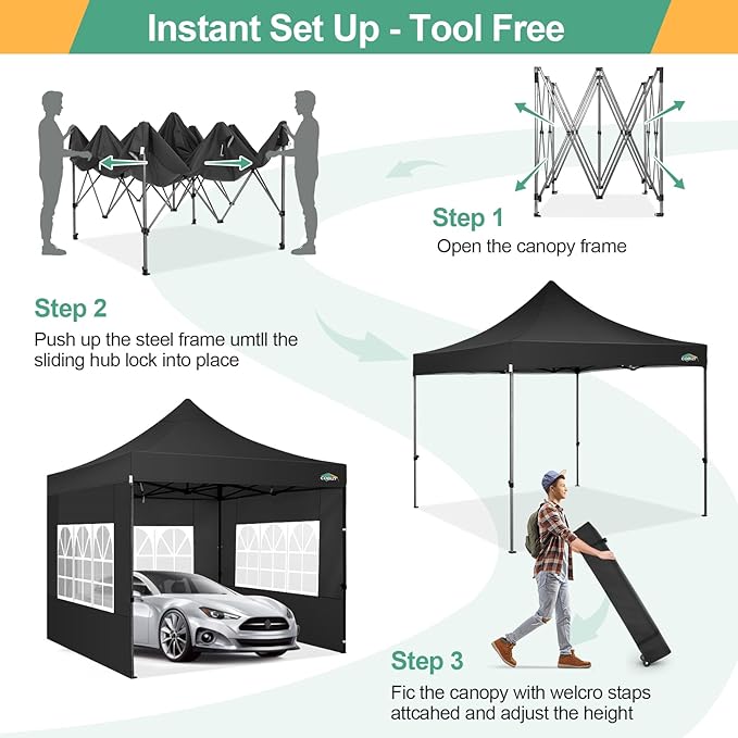 COBIZI 10x10 Pop Up Canopy with Sidewalls Heavy Duty Party Tent with Removable Awning Easy Up Outdoor Canopy Wedding, All Season Windproof&Waterproof with Roller Bag UPF 50+, Black