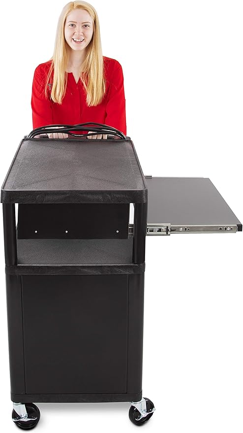 Line Leader Plastic AV Cart with Keyboard Tray and Locking Metal Cabinet, Heavy Duty Mobile Workstation with 4 Rolling Casters, 2 Locking Brakes, Heavy Duty, Holds up to 100 lbs (34 Inch w Cabinet)