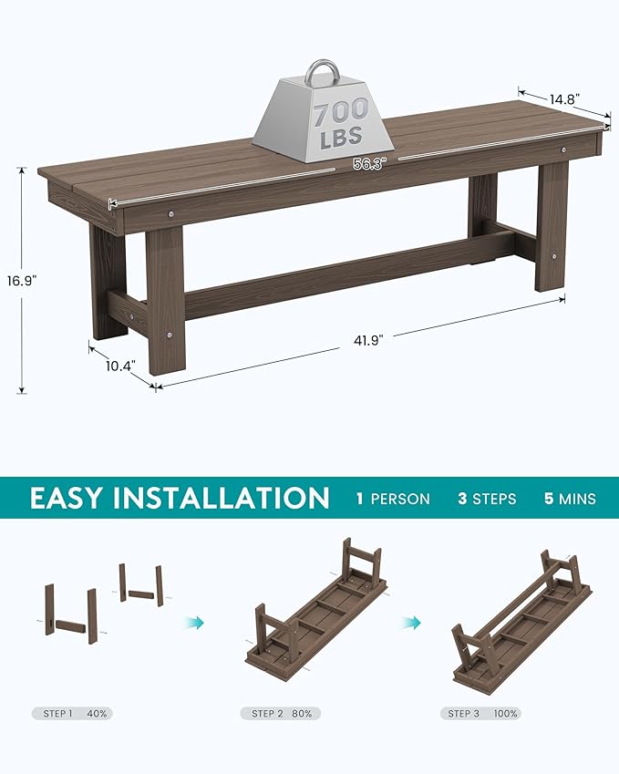 SERWALL 2-Person Outdoor Bench Backless, HDPE Outdoor Benches Weatherproof, 700 Lbs Weight Capacity, Poly Lumber Patio Furniture for Garden, Porch and Park, Coffee, 2 Pack