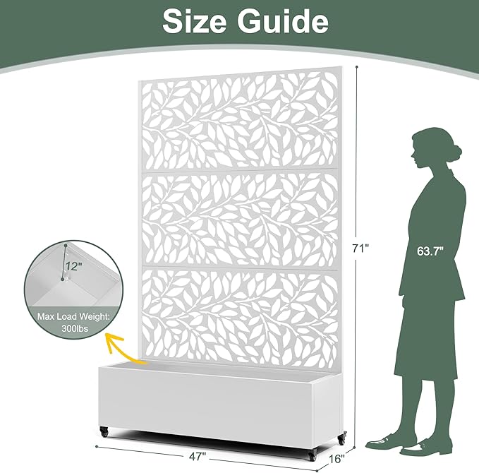 Metal Raised Garden Bed with Trellis Privacy Screen, Large Planters Box with Wheels & Drainage Holes for Climbing Plants (47" L×16" W×71" H, White Leaf)