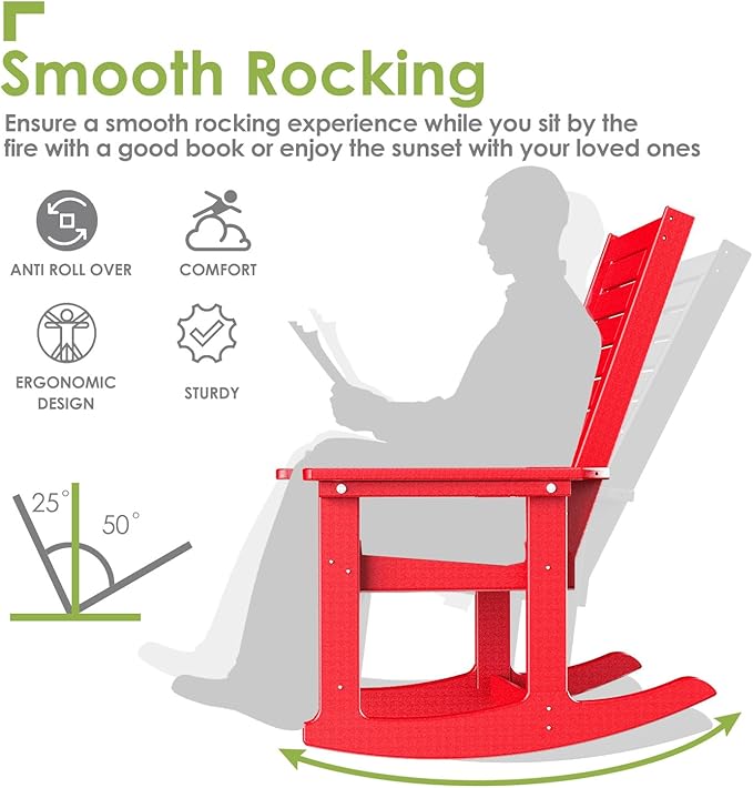 GREENVINES Outdoor Rocking Chairs | Set of 4 | Porch Rocker | HDPE Plastic | Red | Oversized Rockers | High Back | Big & Tall | Ladder Back | for Patio Outside Backyard Balcony Garden