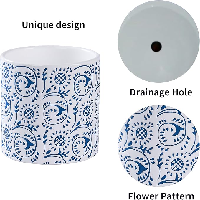 Ceramic Plant Pot for Indoor Plants, 4.7 Inch Boho Flower Pot with Drainage Holes, Modern Planter for Home & Office Decor(Blue)