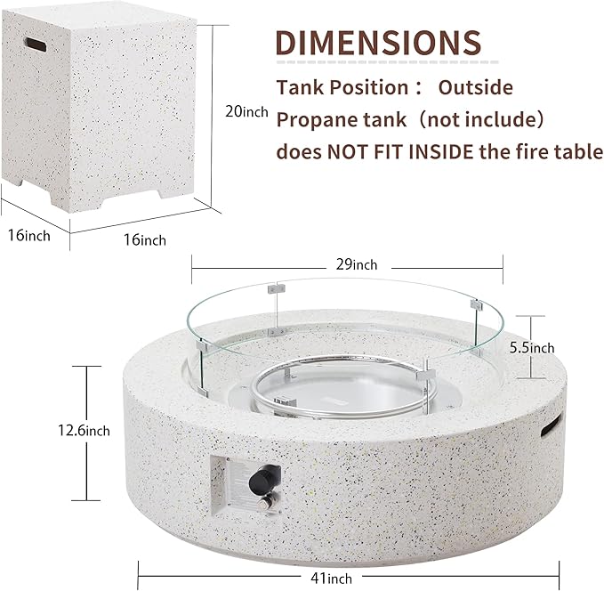 NAGA HABNA 41 Inch Propane Fire Pit Table, Rectangle Outdoor Fire Table w Tank Table (50,000 BTU), 3 Piece Gas Fire Pit w Glass Wind Guard and Blue Fire Glass for Garden, Pool, Backyard