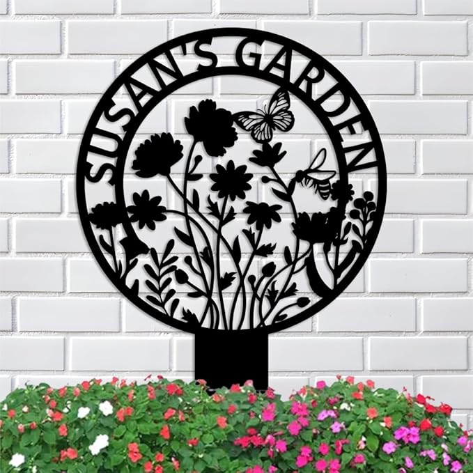 Custom Garden Metal Sign With Stakes, Personalized Metal Garden Name Sign, Garden Flower Sign,Yard Sign, Housewarming Gift, Gifts for Gardeners,Garden Decor name16 12inch