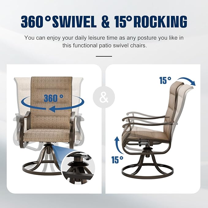 UDPATIO Patio Swivel Chairs Set of 4, Outdoor Dining Chairs High Back with Padded All Weather Breathable Textilene, Metal Rocking Frame for Backyard Lawn Garden, Brown