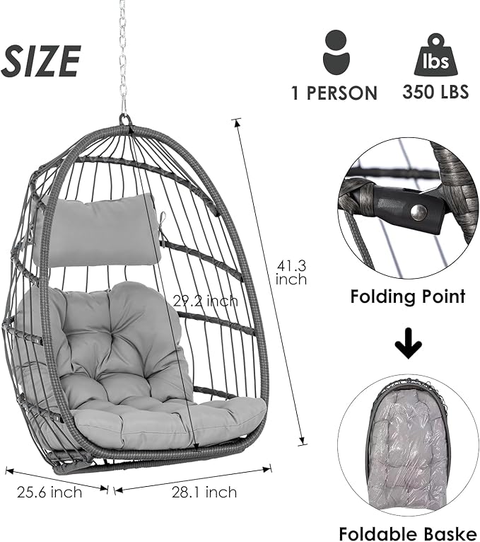 Hanging Egg Chair Without Stand - Foldable Indoor Outdoor Wicker Rattan Swing Egg Chair with Hanging Chain Hammock Chair - UV Resistant Cushions & Aluminum Frame for Bedroom Patio Camping (Grey)
