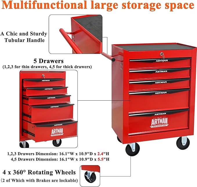 5 Drawers Rolling Tool Box on Wheels, Multifunctional Tool Cart, Drawers Rolling Trolley Organizer Tool Storage Chest for Warehouse,Garage,Workshop,Repair Shop (5 Drawers-30.5" H)