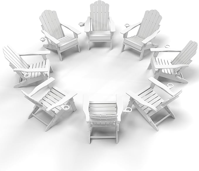 FOOWIN Adjustable Adirondack Chair, Folding Adirondack Chair with Cup Holder, HDPE All-Weather Fire Pit Chair with 3 Recline Positions, Suitable for Patio, Garden, Backyard, Poolside, Grey