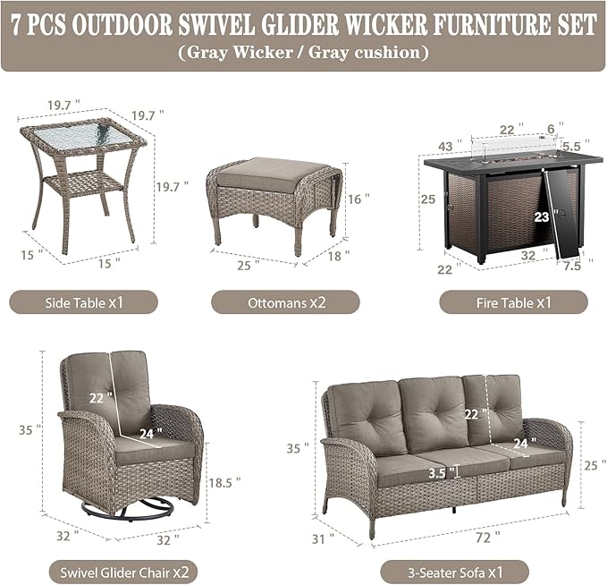 Belord 8 Piece Patio Furniture Set with 50000 BTU Propane Fire Pit Table, Outdoor Conversation Set with 2 Swivel Rocker Chairs Wicker Sofa and Ottomans for Casual Gatherings Grey Wicker