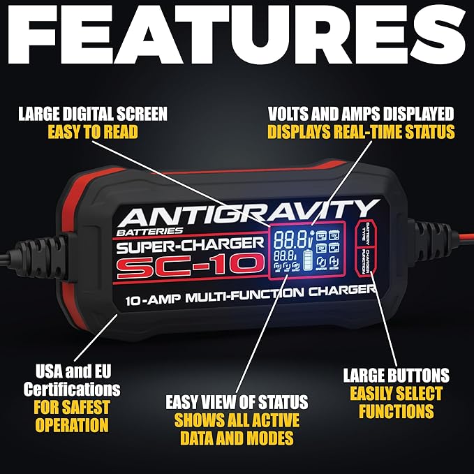 Antigravity SC-10 Super-Charger – 10A Smart Battery Charger & Maintainer for 6V/12V Lithium (LiFePO4) & Lead-Acid Batteries – LCD Display, Power Supply, BMS Reset, Multi-Protection